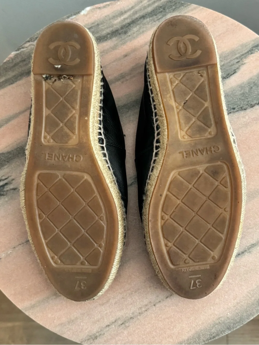 CHANEL Black Leather Espadrilles with CC Logo